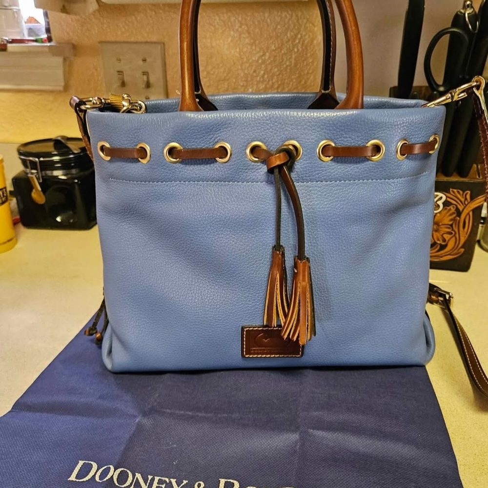 Dooney & Bourke Sky Blue Tote with Brown Accents VINTAGE 13 In W By 9 1/2 H